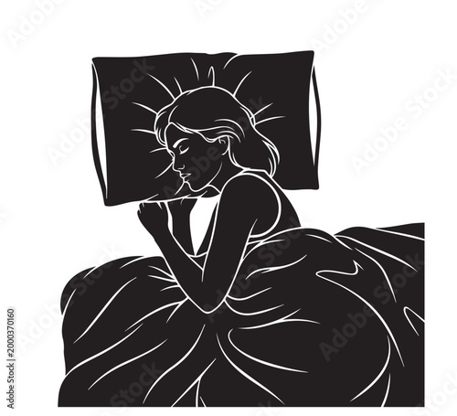 A serene illustration depicting a young woman peacefully slumbering in her cozy bed, enveloped in soft blankets, finding comfort and deep rest