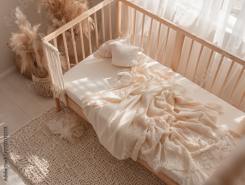 Cozy Baby Crib with Soft Bedding in Sunlit Minimal Nursery