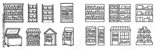 Store icons with shelf fridge display minimal