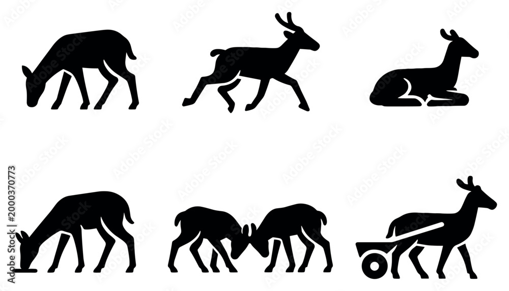 Fototapeta premium Wildlife icons with deer grazing running resting silhouettes