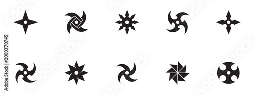 Shuriken and ninja weapon icon set. Japanese martial arts throwing star and blade symbols. Vector Illustration.