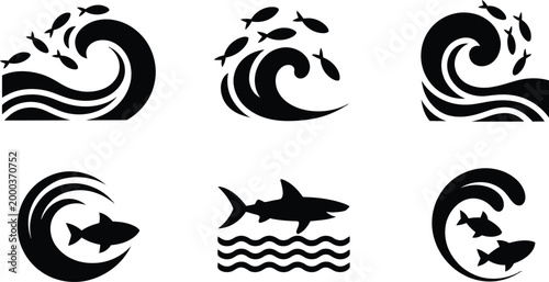 Black and white vector icons of fish and ocean waves with shark isolated on white background, Vector, illustration