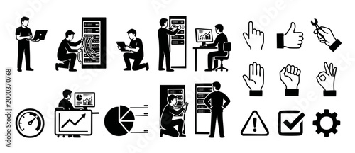 IT Technician Server Maintenance Icons Set, Network Engineer Working, Data Center Support, Cloud Computing Management, System Administrator Tasks, Technical Troubleshooting, Flat Black Vector Illustra