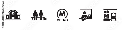 Metro and railway station icon set. Public transport, ticket office and subway travel symbols. Vector Illustration.