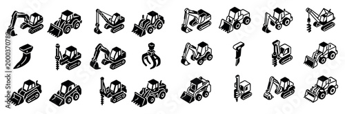 Construction icons with excavator loader bulldozer outline