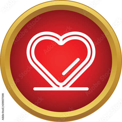 White outline heart symbol appearing on a round red and gold button