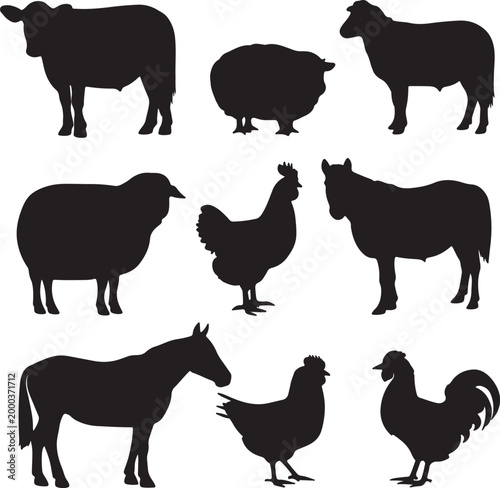 Black farm animals and poultry vector icons set