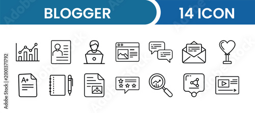 Blogger Icon Pack – 14 Writing, Content Creation, Social Media, Blog Post, Digital Content, Online Publishing Vector Icons
