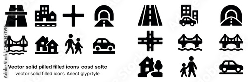 Transport icons with bridge tunnel car solid