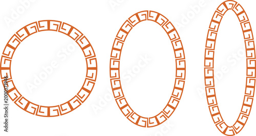 Collection of orange geometric frames in circular and oval shapes featuring a stylish repeating key pattern design