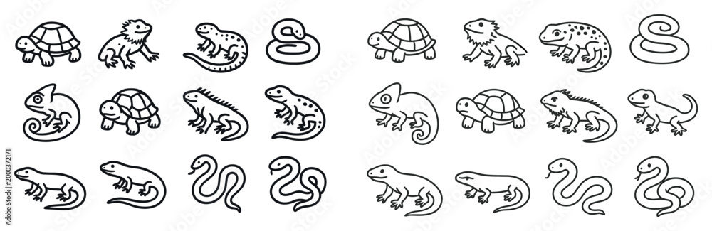 Obraz premium Reptile icons with turtle snake lizard outline