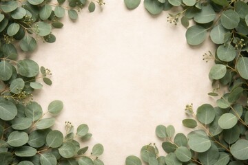 Copy space on beige background bordered by eucalyptus leaves for natural product showcase flat lay