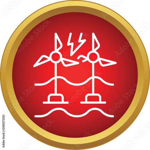 Off shore wind turbines converting wave power into clean electricity in a red circle icon