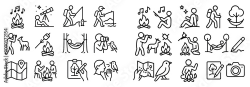 Outdoor icons with campfire telescope fishing minimalist