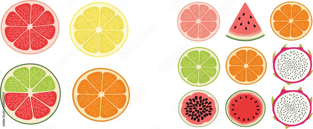 Fototapeta premium Set of sliced fruit icons including citrus watermelon and dragon fruit colorful flat vector collection for fresh food design summer themes and healthy nutrition