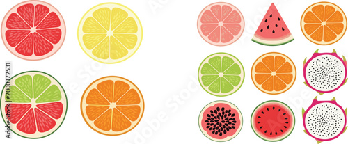 Set of sliced fruit icons including citrus watermelon and dragon fruit colorful flat vector collection for fresh food design summer themes and healthy nutrition
