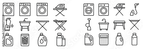 Laundry icons with washing machine iron ironingboard outline