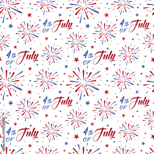 Independence Day seamless pattern with fireworks and 4th of July lettering