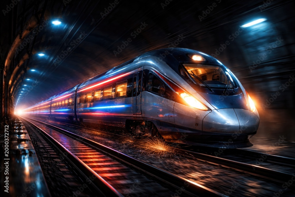 Fototapeta premium Express train crossing a poorly lit tunnel with vibrant lights glowing