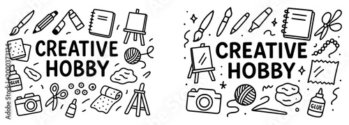 Creative icons with easel camera yarn outline playful