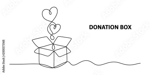Continuous line drawing of a donation box with hearts