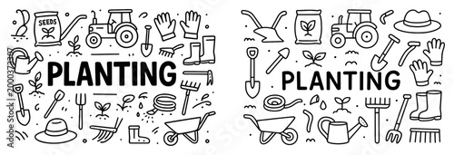 Planting icons with shovel wheelbarrow watering minimal