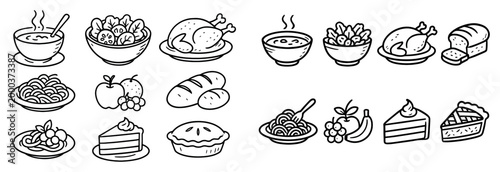 Food icons with bowl bread cake minimal outline