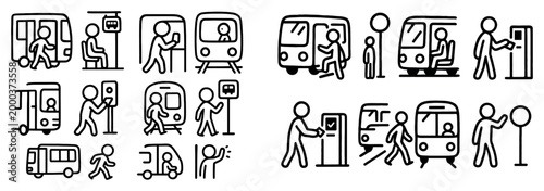 Transport icons with bus train passenger outline