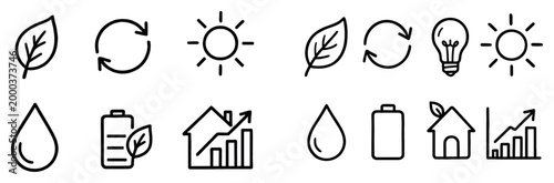 Eco icons with leaf sun water outline