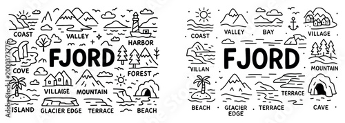 Fjord icons with mountain island lighthouse outline