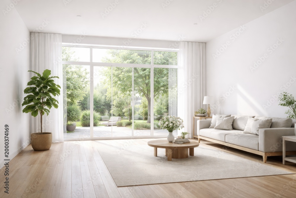 Fototapeta premium A luminous indoor area with white walls and a wide transparent window