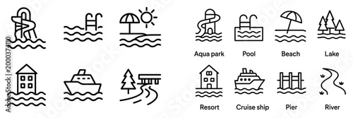 Leisure icons with boat umbrella pool outline