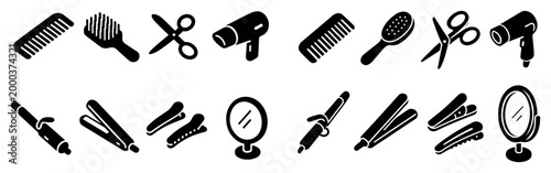 Barber tools icons with comb dryer straightener silhouette