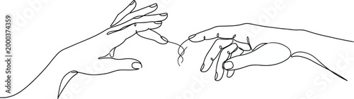 Continuous line drawing of two hands reaching for each other with a connecting thread, soulmate concept.