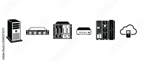 Server and Network Hardware Icons, Data Center Equipment Set, IT Infrastructure Symbols for Web Development, Cloud Computing Storage, Tech Industry Infographics, Black Silhouette Graphic Collection.