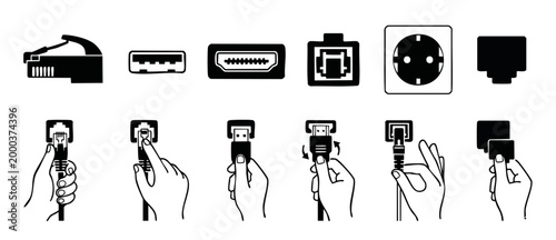 Computer Cable Connectors and Ports Icons Set with Hand Gestures Showing Installation and Connection Process for Network, Power, and Data Interface, Black and White Vector Illustration Icon Pack