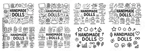 Handmade dolls craft icons in black and white