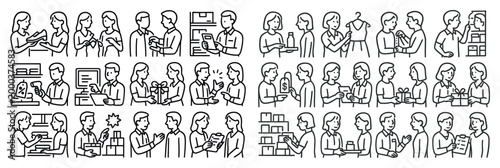 Retail icons with cashier shopper shelf outline