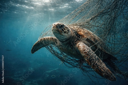 Loggerhead sea turtle ensnared by net in ocean with copy space