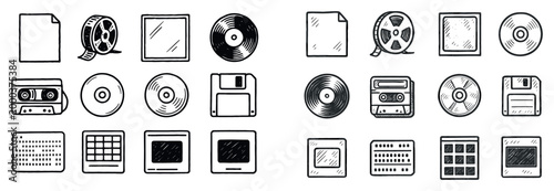 Media icons with film cassette disc handdrawn