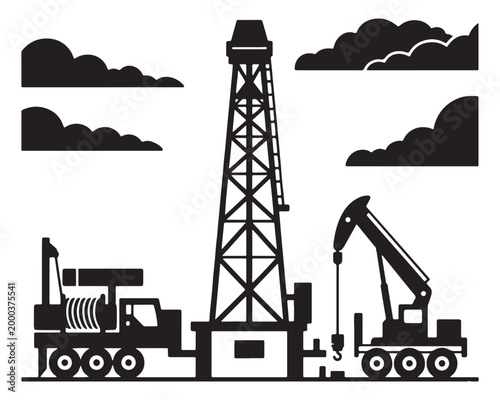 Industrial oil rig silhouette vector, petroleum drilling derrick and pump jack machinery, fossil fuel extraction site with heavy equipment trucks