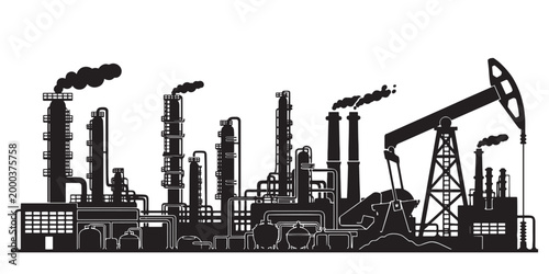Industrial oil refinery silhouette vector, chemical plant factory with smoking chimneys, petroleum processing facility with oil pump jack