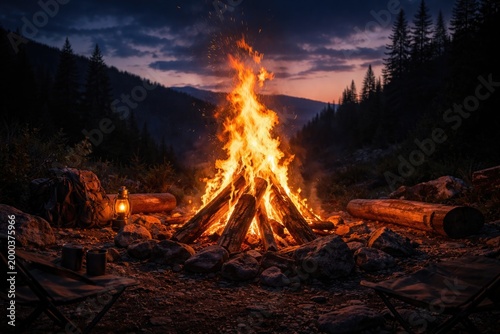 Campfire under dusk sky wit...