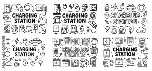Electric vehicle charging station icons collection