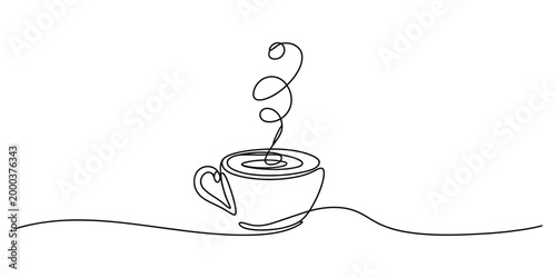 Continuous one line drawing of a steaming coffee cup