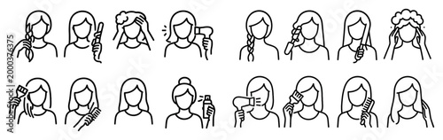 Beauty icons with brush comb dryer outline