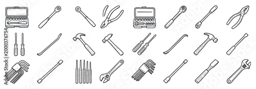 Repair icons with wrench hammer pliers outline