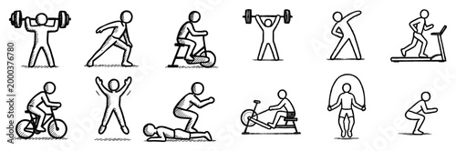 Fitness icons with barbell bike rope outline