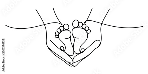 Continuous line art of baby feet held in parent hands