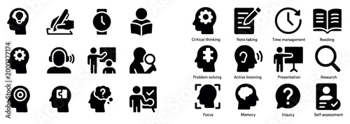 Learning icons with head book pen flat simple